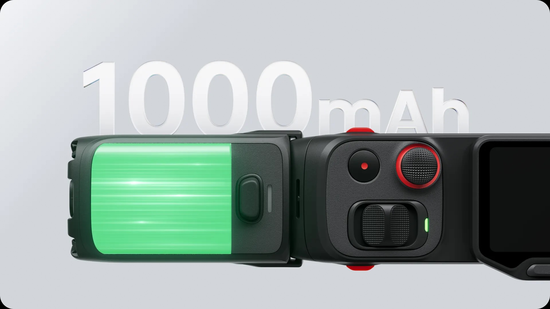 Picture displaying the Battery Handle for Luna Series attached to Luna Series camera, and the capacity (1000mAh) is written next to it.